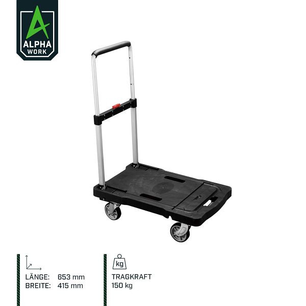 Chariot pliant Alpha Work, plateforme plastique 653x415 mm, 2 roulettes pivotantes, 2 roulettes fixes, capacité de charge 150 kg, 05903