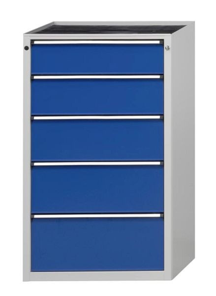 Armoire à tiroirs ANKE; 765 x 700 x 1320 mm; RAL 7035/5010; Plateau en hêtre massif 40 mm; 5 tiroirs 180, 210, 240, 270, 300 mm, 610.113