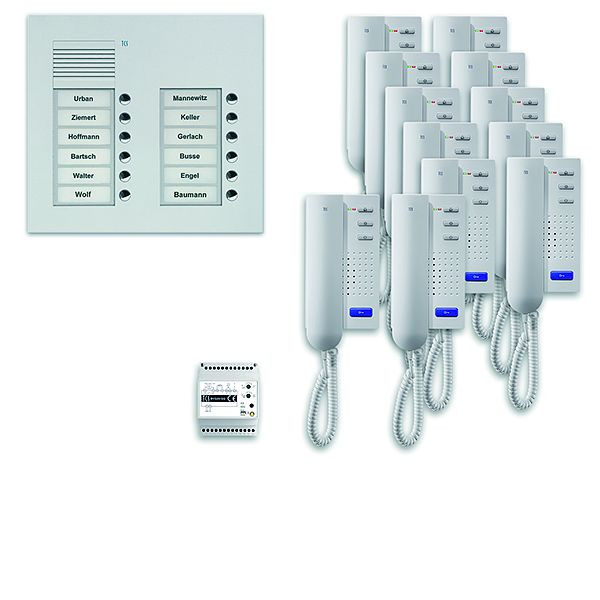 Système de contrôle de porte audio TCS : pack UP pour 12 unités résidentielles, avec poste extérieur PUK 12 boutons de sonnerie 2 colonnes, 12x interphones ISH3030, contrôle, PPU12 / 2-EN / 02