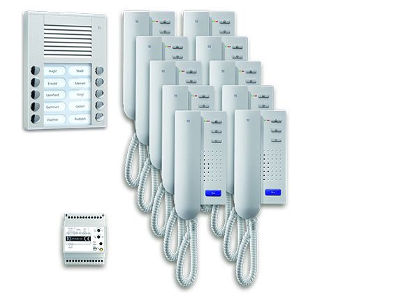 Système de contrôle de porte audio TCS : pack AP pour 10 unités résidentielles, avec poste extérieur PES 10 boutons de sonnerie, 10x interphones ISH3030, unité de contrôle BVS20, PPA10-EN / 02