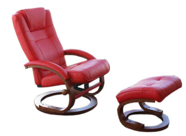 Fauteuil TV Mendler Fauteuil relax Fauteuil Pescatori, similicuir, avec tabouret, rouge, 3887