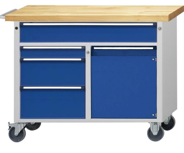 Chariot d'atelier ANKE; 1140x650x970mm; Table en hêtre massif 40 mm; Logement en 3 parties; au-dessus avec tiroir continu 150 mm; Gauche 3 tiroirs, 460.205