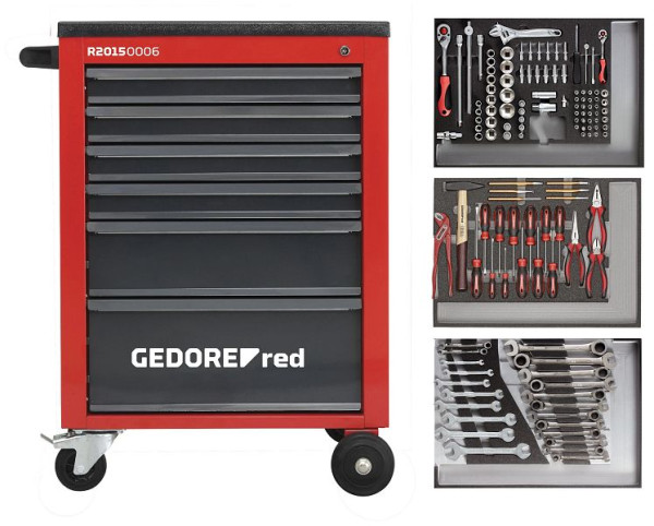 Coffret à outils rouge GEDORE dans le chariot d'atelier rouge MECHANIC, 129 pièces, 3301673