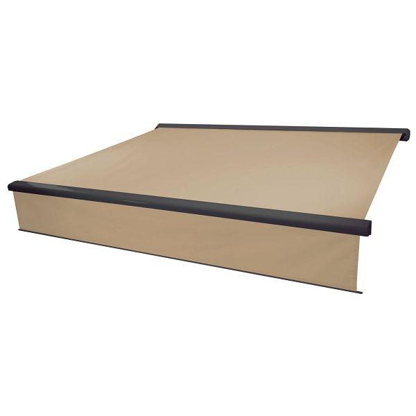 Store banne à coffre électrique Mendler T124, cantonnière extensible 4,5x3m, polyester crème, anthracite, 58301+34295+58312