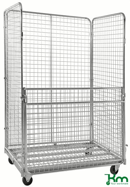 Conteneur roulant Kongamek avec 4 panneaux latéraux et porte rabattable, maillage 50 x 50 mm, KM0170H4M10B