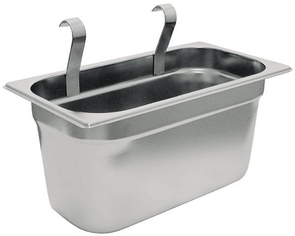 Ramasse-couverts APS GN 1/3, 32,5 x 17,6 cm, hauteur : 15 cm, inox, avec deux crochets de suspension, sur chariot de service/transport, 11978