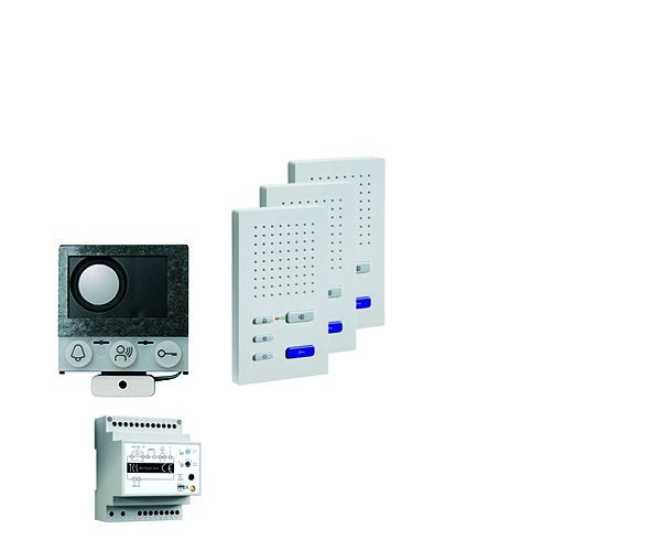 TCS audio : pack installation pour 3 logements, avec haut-parleur intégré ASI12000 + 3x haut-parleur mains libres ISW3030 + boîtier de commande BVS20, PAIF030/004