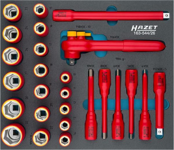 Jeu de clés à douilles Hazet, double isolation, carré creux 12,5 mm, profil de traction à six pans extérieurs, profil à six pans intérieurs, 10 - 32, 163-544/26