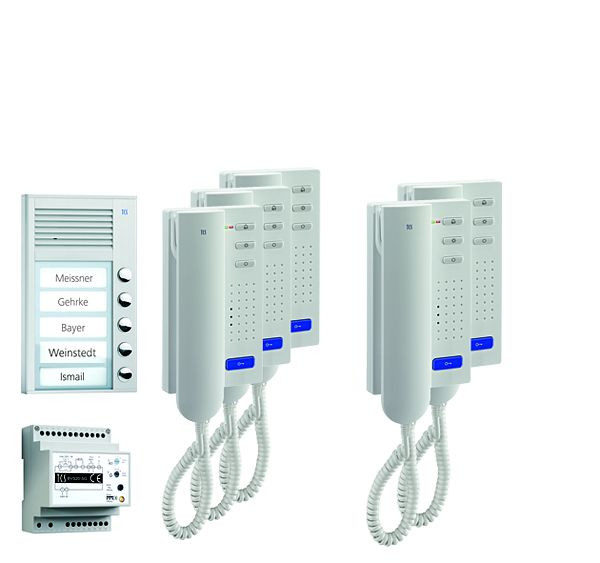 Système de contrôle de porte audio TCS : pack AP pour 5 unités résidentielles, avec poste extérieur PAK 5 boutons de sonnerie, 5x interphones ISH3030, unité de contrôle BVS20, PPA05-EN / 02