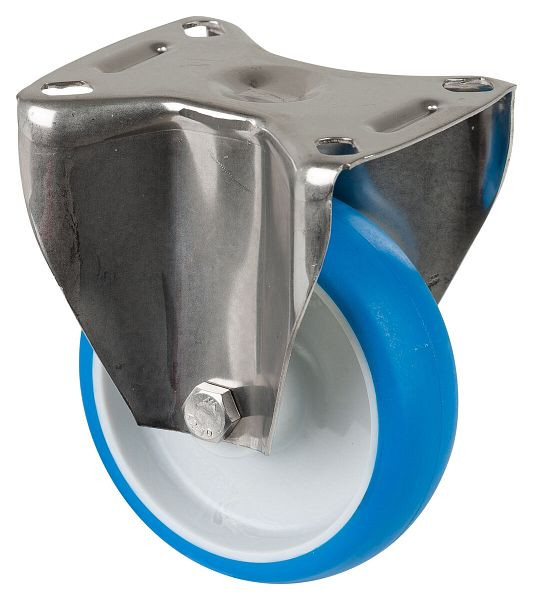 Rouleau de transport BS rollers inox, rouleau fixe, largeur 32 mm, Ø100 mm, jusqu'à 110 kg, polyuréthane bleu, corps de roue plastique, palier lisse, platine, H110.B32.100