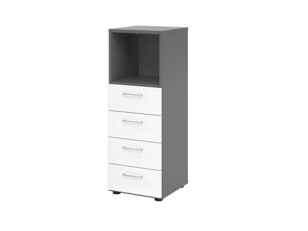 Armoire à tiroirs Hammerbacher 3OH, 4 tiroirs 934S4 BS, corps : graphite / façade : blanc, 40x41,7x110 cm (LxPxH), 4 tiroirs, poignée en métal BS, V934S4/G/W/BS