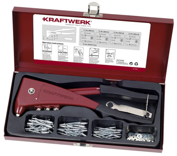 Pince à riveter à main Kraftwerk Uni avec rivets aveugles, pince à riveter à main aveugle avec 4 mandrins différents et 80 rivets aveugles de 4 tailles dans un coffret en métal, 2224