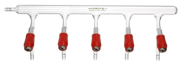 Râteau distributeur de vide Rettberg, avec 4 vannes de vide PTFE 0 - 6 mm, réglable, verre borosilicaté 3.3, 134030154