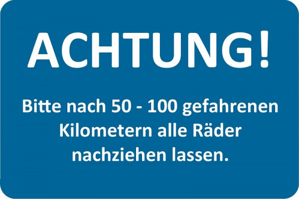 Autocollant service client Eichner, bleu, texte : ATTENTION ! Faire serrer les roues, UE : 250 pièces, 9220-00051