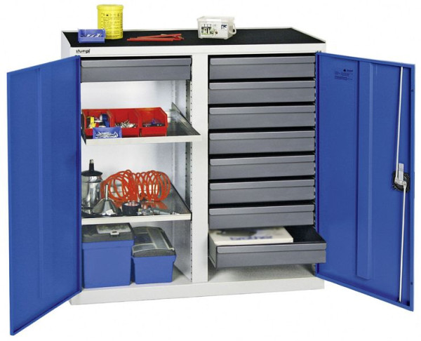 armoire à outils et matériel série 3000, 7035/5010, 9 tiroirs 100 mm, 2 étagères, 3002974