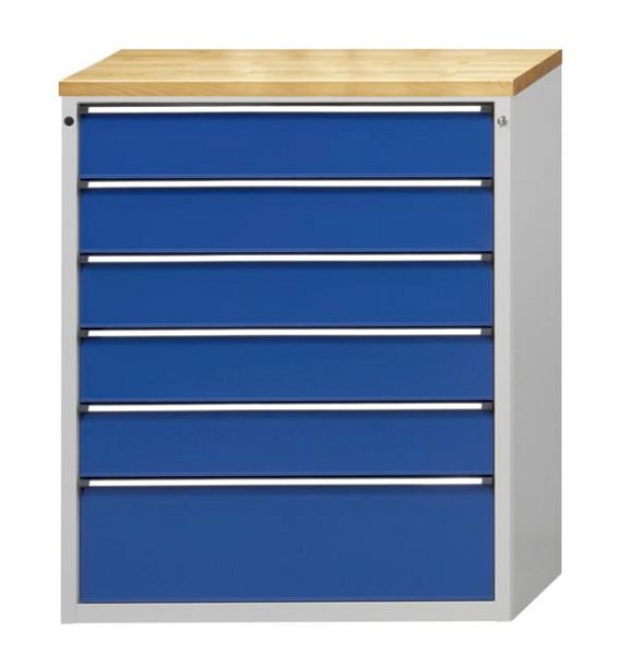 Armoire à outils ANKE; 1065 x 700 x 1320 mm; RAL 7035/5010; Plateau en hêtre massif 40 mm; 6 tiroirs 180, 180, 180, 180, 180, 300 mm, 610.505