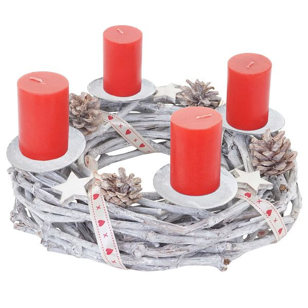 Couronne de l'Avent Mendler ronde, couronne de table de décoration de Noël, bois Ø 30cm blanc-gris, avec bougies, rouge, 56640
