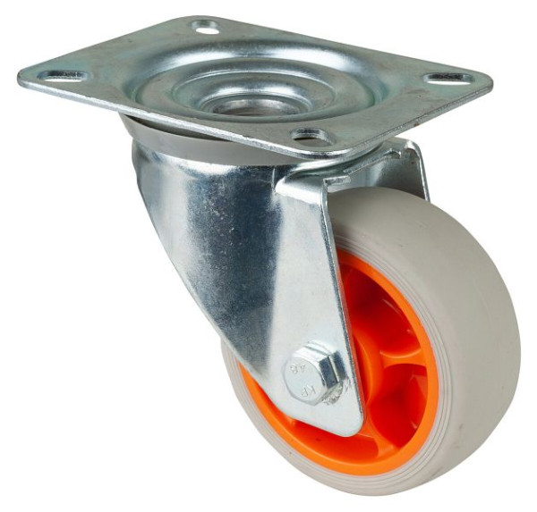 Rouleau de transport BS rollers rouleau pivotant, roue en caoutchouc thermoplastique, pneus gris clair, jante orange, diamètre : 80 mm, lot de 4, L400.B44.081.02
