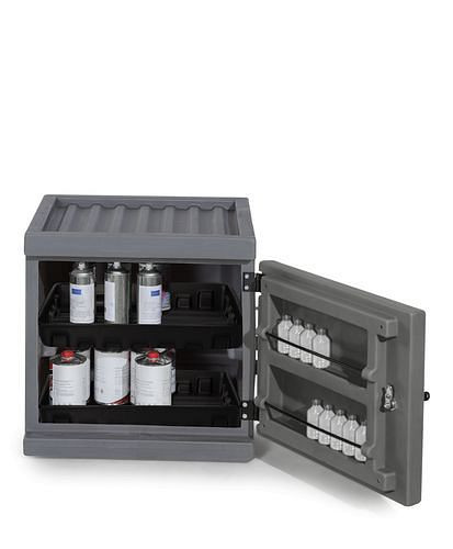 Armoire pour acides et lessives DENIOS PolyStore-Mini, plastique, avec 2 étagères, L 600 mm, 281-506
