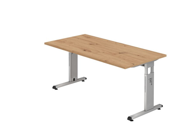 Bureau Hammerbacher OS16, 160 x 80 cm, plateau : chêne noueux, épaisseur 25 mm, chant ABS 2 mm, forme rectangulaire, argent, VOS16/R/S