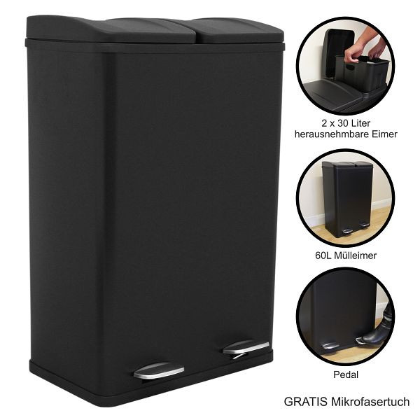 Poubelle double Monster 60 l, poubelle à pédale, noire, 26644