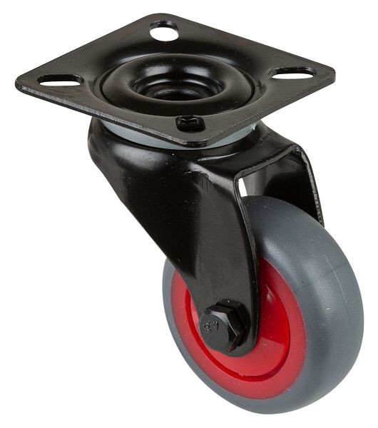 Roulettes BS Roulette pivotante noire, roue en caoutchouc thermoplastique gris, jante rouge, roulement à billes, platine, diamètre : 50 mm, lot de 8, A800.A85.050.03