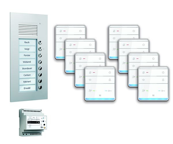Système de commande de porte audio TCS : pack UP pour 8 unités d'habitation, avec poste extérieur PUK 8 boutons de sonnerie, 8x haut-parleur mains libres ISW5010, unité de commande BVS20, PPUF08-EN / 01