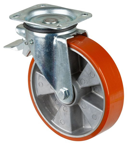 Rouleau de transport BS rollers avec frein, largeur 50 mm, Ø200 mm, jusqu'à 400 kg, bande de roulement en polyuréthane coulé, corps en aluminium, roulements à billes, L420.B90.202