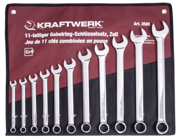 Jeu de clés polygonales à fourche Kraftwerk INCH 11 pièces dans une pochette enroulable de 3/8 à 1 pouce, 3585R