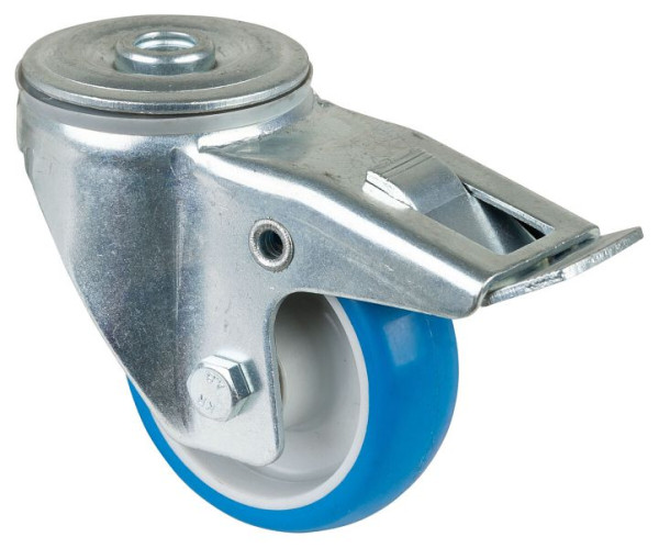 Rouleau de transport BS rollers avec frein, largeur 28 mm, Ø80 mm, jusqu'à 125 kg, bande de roulement polyuréthane bleu, roulement à rouleaux, lot de 2, L121.B36.080