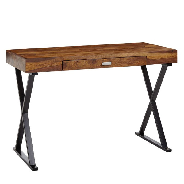 Wohnling Bureau 120x55x78 cm Bois Massif Sheesham/Métal Noir, Table de Bureau Design avec Tiroir, WL6.540