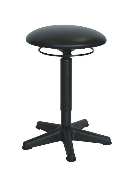 Tabouret de travail Lotz, siège en similicuir noir, en forme de champignon, base en plastique noir, Ø 440 mm, déverrouillage par anneau, hauteur d'assise 530-720 mm, 3510.07