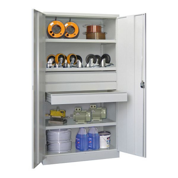 Armoire pour charges lourdes Pavoy 1950/1040/630, 3 étagères, 3 tiroirs, hauteur 125 mm chacun, portes battantes, poignée rotative avec serrure à cylindre, 36365-104-003-910300