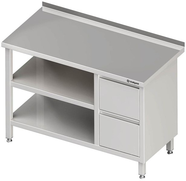 Table de travail Stalgast avec base et étagère intermédiaire, 2000x600x850 mm, avec bloc 2 tiroirs à droite, avec dosseret, soudé, VAT20607rA