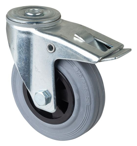 Rouleau de transport BS rollers avec frein, largeur 37,5 mm, Ø125 mm, jusqu'à 100 kg, bande de roulement en caoutchouc gris, roulement à rouleaux, lot de 2, L121.B46.125