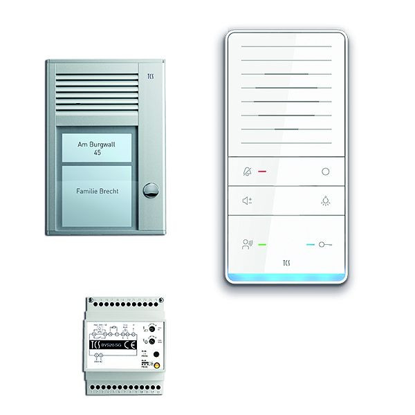 Système de commande de porte audio TCS : pack AP pour 1 unité résidentielle, avec poste extérieur PAK 1 bouton de sonnerie, 1x haut-parleur mains libres ISW5031, unité de commande BVS20, PAAF011 / 001