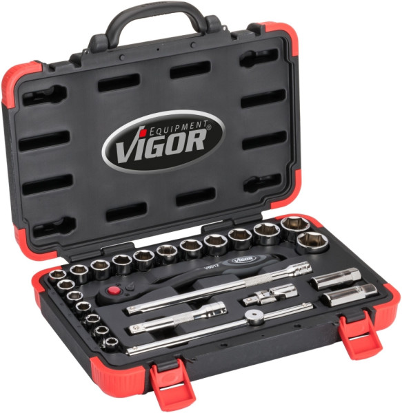 Jeu de clés à douilles VIGOR, carré creux 12,5 mm (1/2 pouce), profil à six pans extérieurs, 10 - 32, nombre d'outils : 25, V2460N