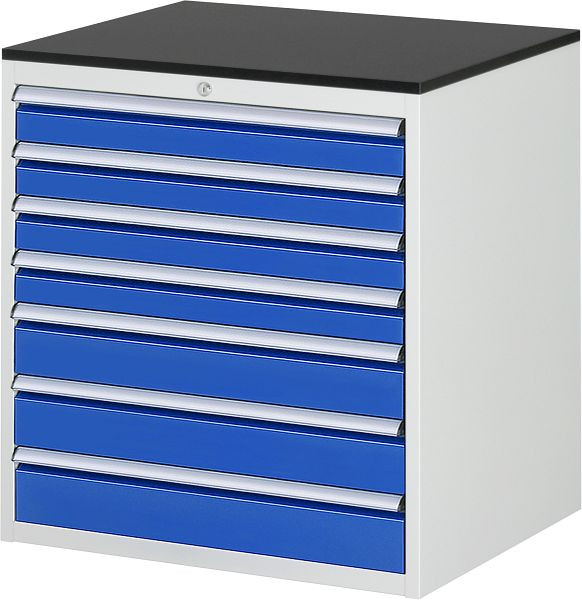 Armoire à tiroirs RAU série 7000, L770xP650xH820mm, tiroirs : 4xH90, 3xH120mm, plan de travail recouvert de résine mélamine, 03-XL5.17A-M.11