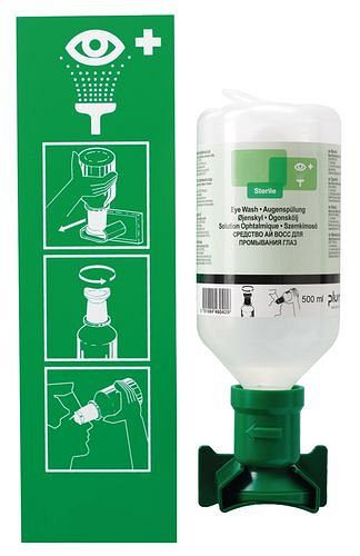 Support mural DENIOS avec 1 flacon de rinçage oculaire, 500 ml, 123-482