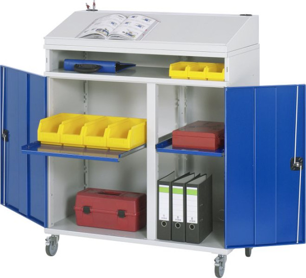 Bureau debout avec armoire latérale RAU - modèle 01, L1100xP520xH1110/1220mm, avec jeu de roulettes, support central pour diviser la largeur d'installation, 07-1100T-M01F.11