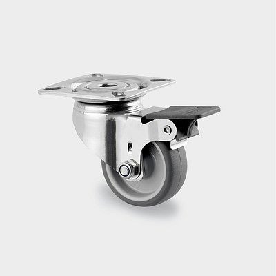 Roulette pivotante TENTE-ROLLEN avec frein, roue Ø 50 mm, capacité de charge 40 kg, hauteur totale 69 mm, A 85 Shore, montage sur platine, 7475PJO050P40