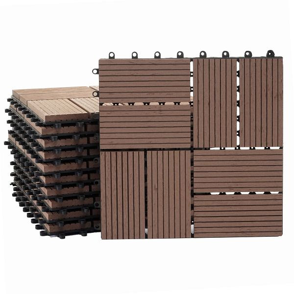 Carrelage de sol Mendler WPC Rhone, balcon/terrasse aspect bois, 11x chaque 30x30cm = 1m², premium, carrés de café, 65111