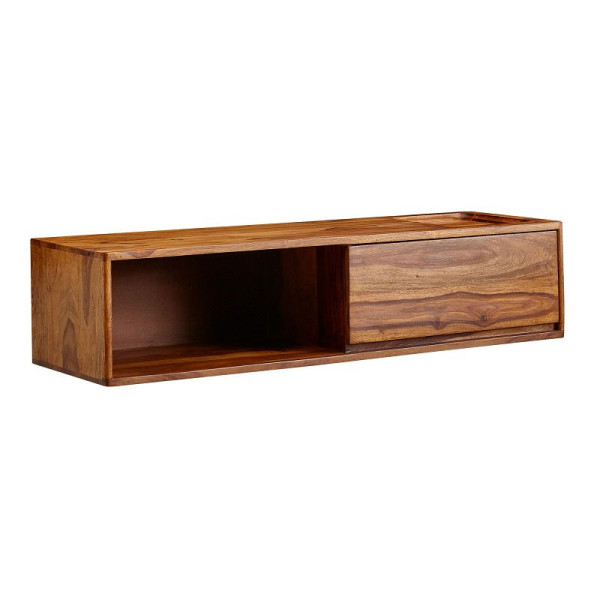 Wohnling Lowboard Suspendu en Bois Massif Sheesham 108x25x34 cm Meuble TV Marron, Table TV Design avec Espace de Rangement, avec Compartiment de Rangement et Un Tiroir, WL6.524