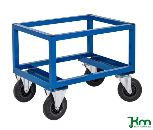 Chariot à palette Kongamek - bas, 2 roulettes fixes et 2 pivotantes en caoutchouc plein, bleu, 800 x 600 x 650 mm, KM221-BH