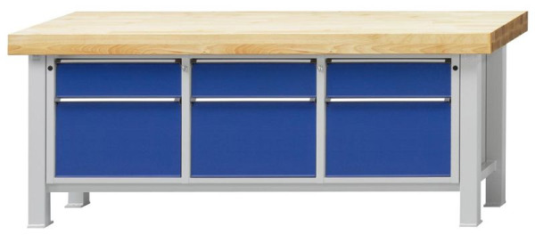 Établi robuste ANKE 2250x800 mm; Hêtre plaque solide; Gauche 2 tiroirs 180,360 mm milieu 2 tiroirs 180,360 mm droit 2 tiroirs 180,360 mm