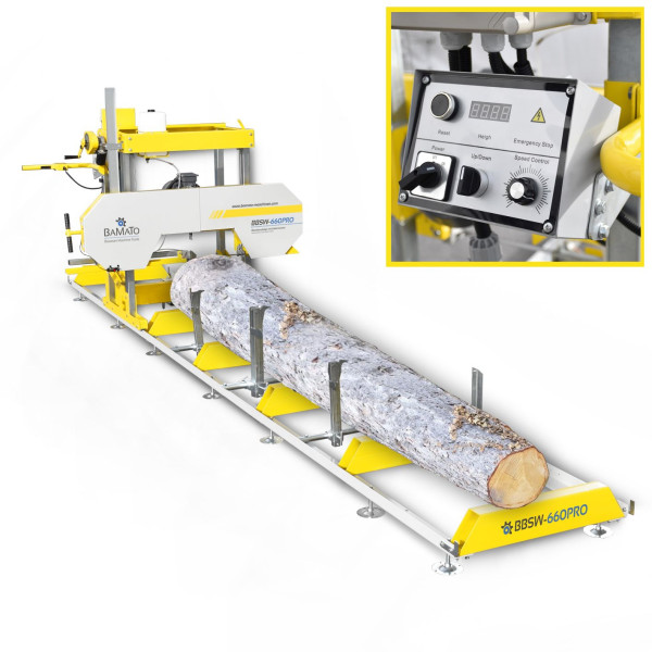 Scie à ruban BAMATO avec rail à rouleaux de 5,9 m (400 V), réglage électrique de la hauteur, affichage numérique de la hauteur, moteur de 5,5 kW, BBSW-660PRO