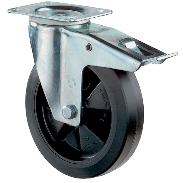 Rouleau de transport BS rollers avec frein, largeur 30 mm, Ø100 mm, jusqu'à 140 kg, bandages élastiques noirs, roulements à rouleaux, lot de 4, L420.B60.100
