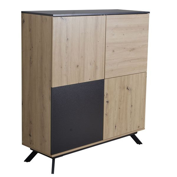 Buffet haut Wohnling 110x125x40 cm Buffet en MDF décor chêne / noir, commode à 4 portes, commode, armoire de couloir, moderne, WL6.661