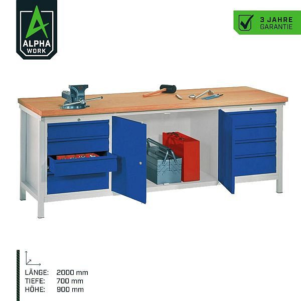 Etabli Alpha Work, 2000 x 900 x 700 mm, boîtier : gris clair, panneaux : bleu gentiane, plateau en multiplex de hêtre, 06051