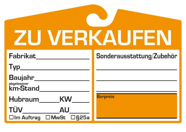 Panneau de vente Eichner à fixer sur le rétroviseur intérieur, orange, champ de prix : neutre, UE : 25 pièces, 9220-00110